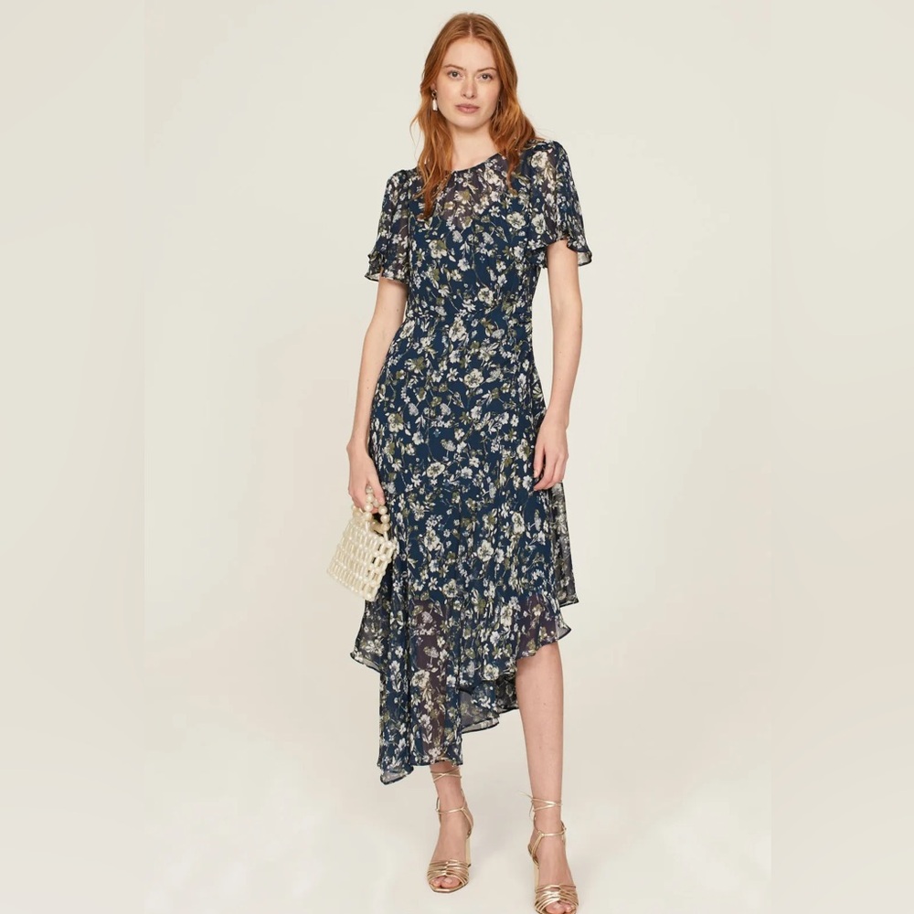 ASTR the Label, Flutter Sleeve Asymmetrical Floral Maxi Dress, S, Navy/Green